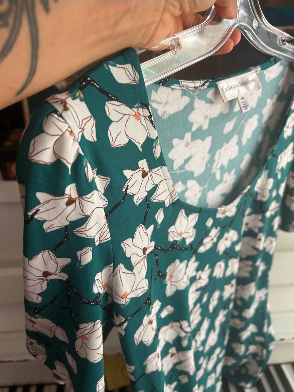 Catherine Malandrino Teal Floral Scoop Neck Short Sleeve Stretch Knit Top S